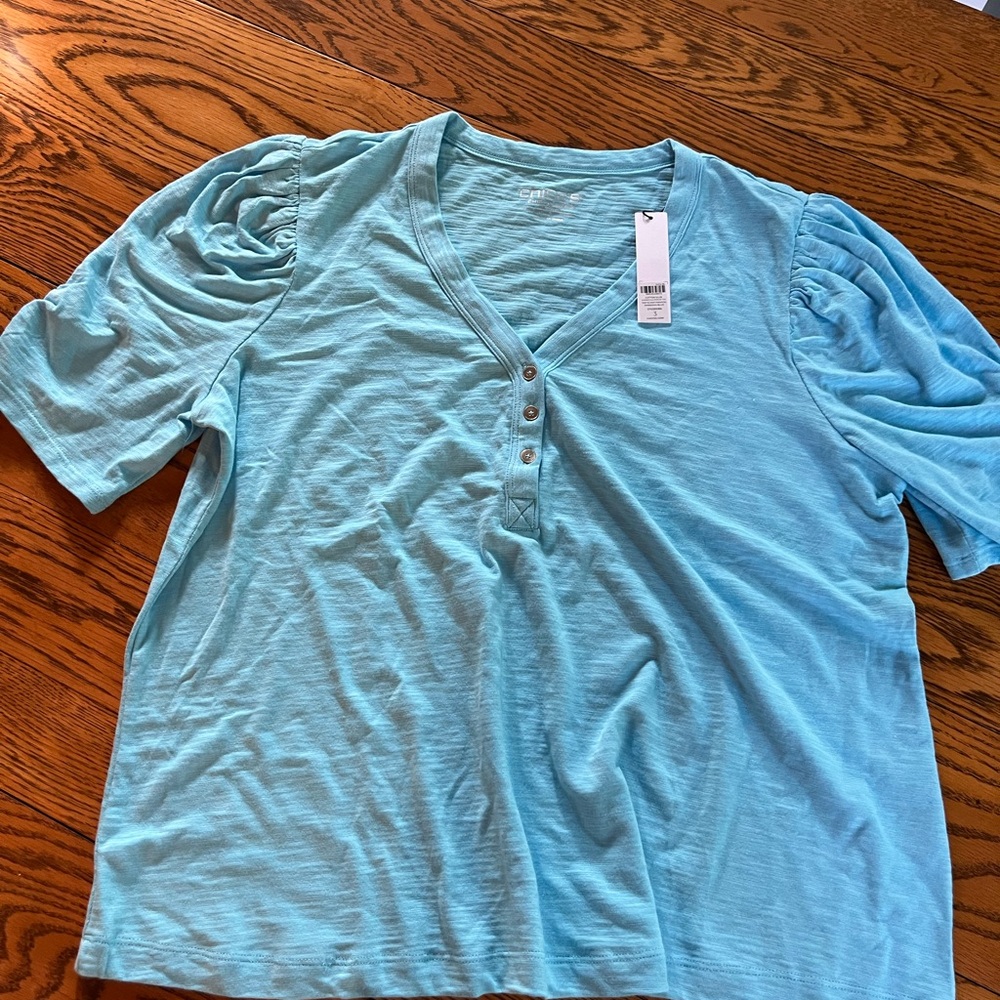 Chico's Womens Paradiso Blue Henley Shirred Sleeve Top NWT XL / sz 3 - Picture 7 of 7